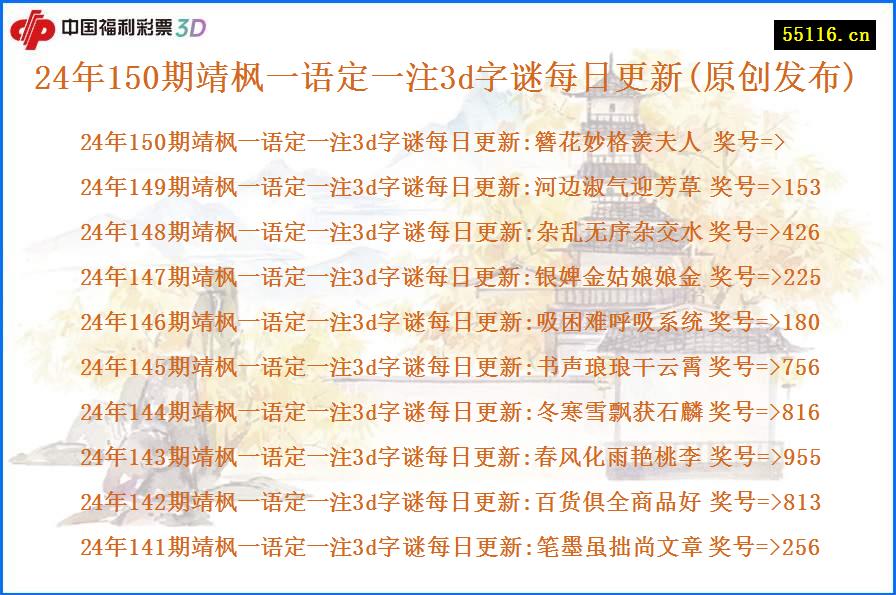 24年150期靖枫一语定一注3d字谜每日更新(原创发布)