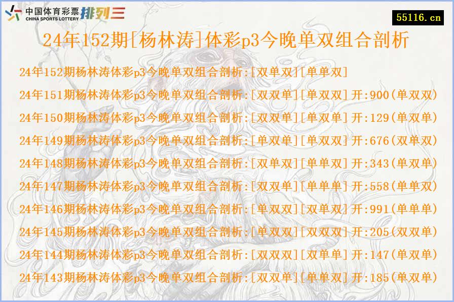 24年152期[杨林涛]体彩p3今晚单双组合剖析