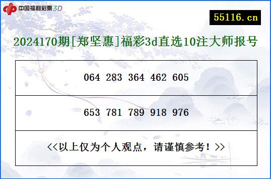 2024170期[郑坚惠]福彩3d直选10注大师报号