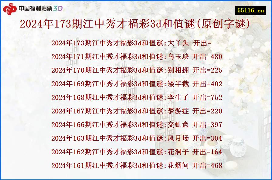 2024年173期江中秀才福彩3d和值谜(原创字谜)
