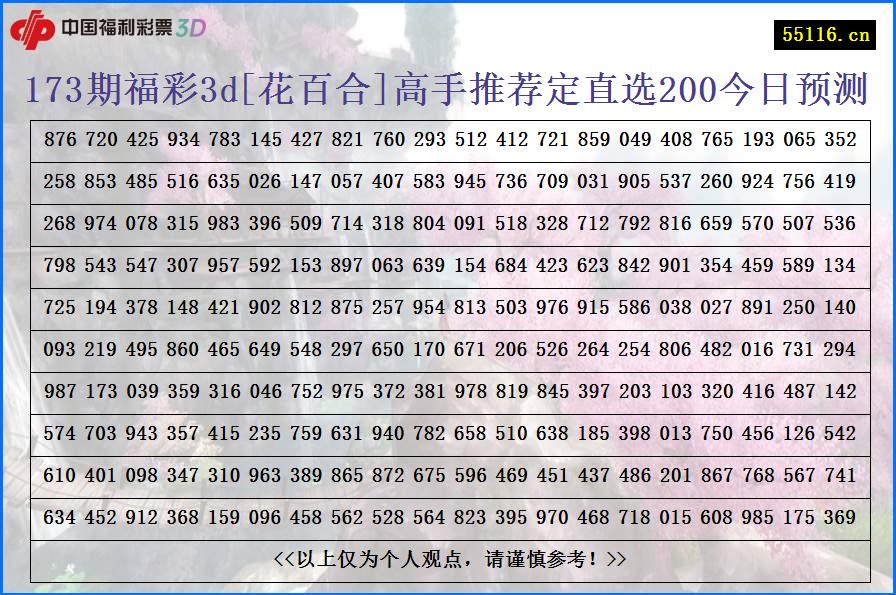 173期福彩3d[花百合]高手推荐定直选200今日预测
